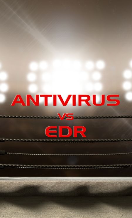 Antivirus vs EDR showdown graphic, highlighting the comparison between antivirus software and Endpoint Detection & Response solutions, with dramatic lighting effects.
