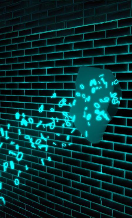 Digital data breach concept with glowing binary code emerging from a cracked brick wall, symbolizing cybersecurity threats and the importance of data protection.