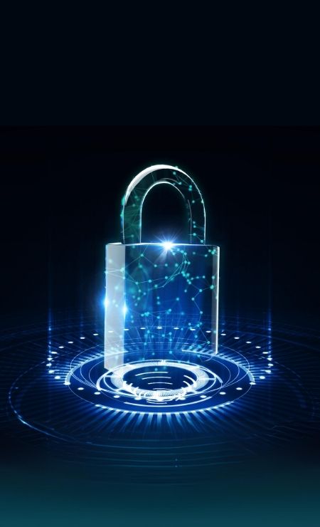 Digital padlock symbolizing data privacy and cybersecurity protection, surrounded by a network of glowing connections and circular patterns.