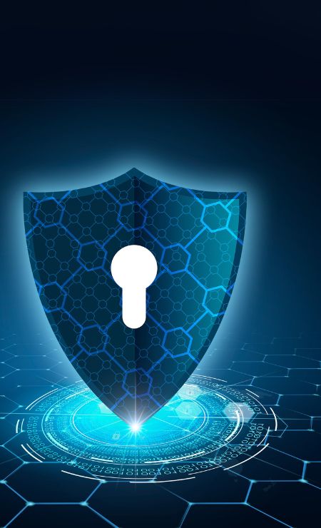 Digital shield icon with a keyhole, representing cybersecurity posture and protection against threats.