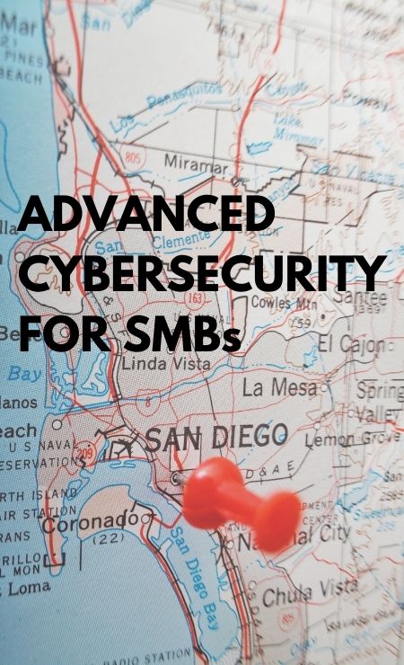Advanced cybersecurity for SMBs highlighted on a map of San Diego, emphasizing local cybersecurity solutions for small and medium-sized businesses.