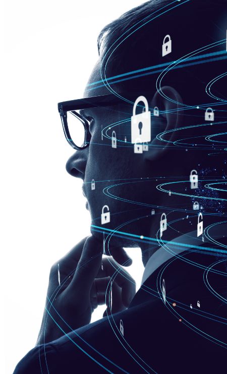 Professional contemplating cybersecurity, surrounded by digital padlocks and data streams, symbolizing data protection and secure IT practices.