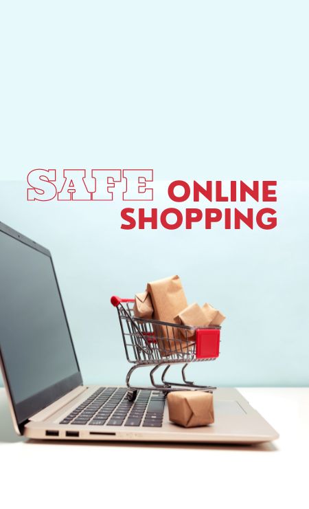 Laptop with shopping cart containing packages, featuring text "SAFE ONLINE SHOPPING," illustrating tips for secure online purchases and data protection.
