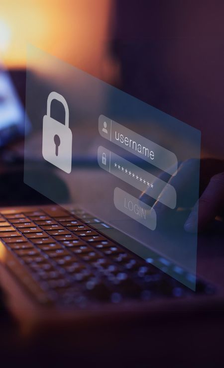 Login screen with a padlock icon, username and password fields, emphasizing the importance of strong and secure passwords for cybersecurity.