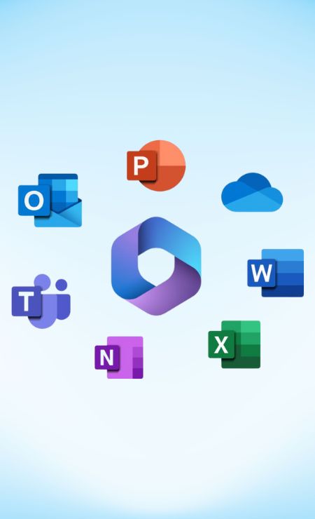 Microsoft 365 logo surrounded by icons for Outlook, PowerPoint, OneDrive, Teams, Word, OneNote, and Excel, representing business productivity and collaboration tools.